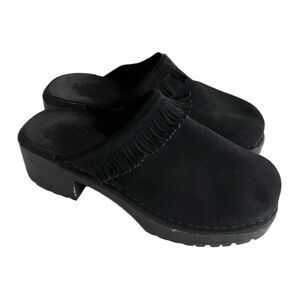 Vintage J. Crew Black Suede Leather Fringe Clogs Size 7 Wooden Heel Bottom Flaw